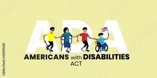 ADA, Americans with Disabilities Act. civil rights law that prohibits discrimination based on disability, vector illustration