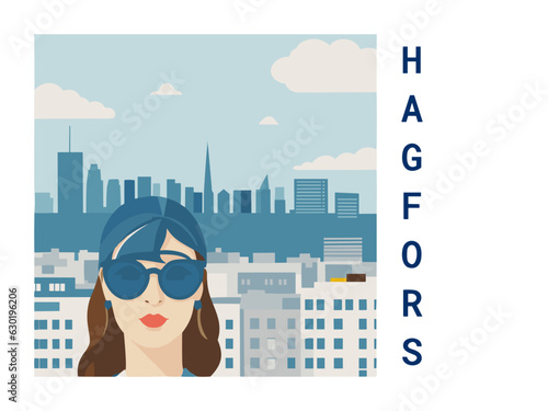 Square flat design tourism poster with a cityscape illustration of Hagfors (Sweden)