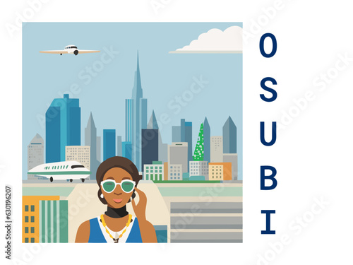 Square flat design tourism poster with a cityscape illustration of Osubi (Nigeria)
