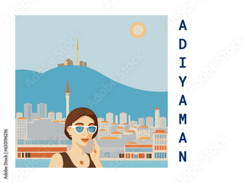 Square flat design tourism poster with a cityscape illustration of Adiyaman (Turkey)
