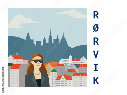 Square flat design tourism poster with a cityscape illustration of Rørvik (Norway)