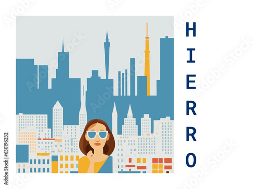 Square flat design tourism poster with a cityscape illustration of Hierro (Spain)