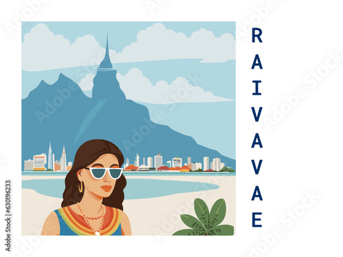 Square flat design tourism poster with a cityscape illustration of Raivavae (French Polynesia) photo