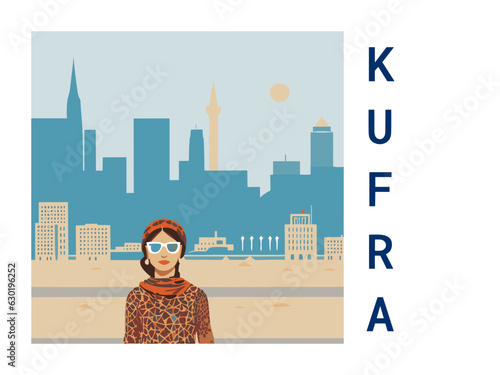 Square flat design tourism poster with a cityscape illustration of Kufra (Libya) photo