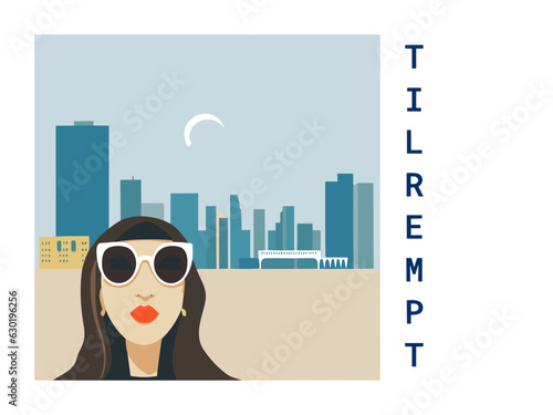 Square flat design tourism poster with a cityscape illustration of Tilrempt (Algeria)