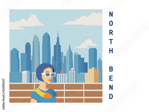 Square flat design tourism poster with a cityscape illustration of North Bend (United States)
