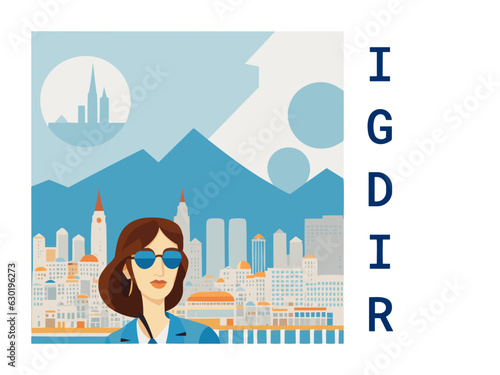 Square flat design tourism poster with a cityscape illustration of Igdir (Turkey)