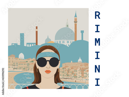 Square flat design tourism poster with a cityscape illustration of Rimini (Italy)