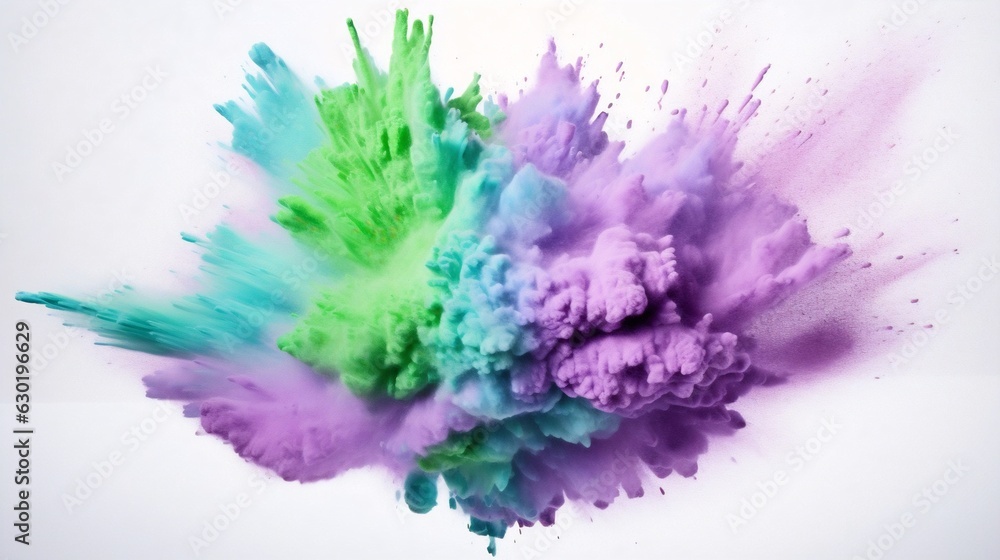 Generative AI : Explosion of colored powder on white background