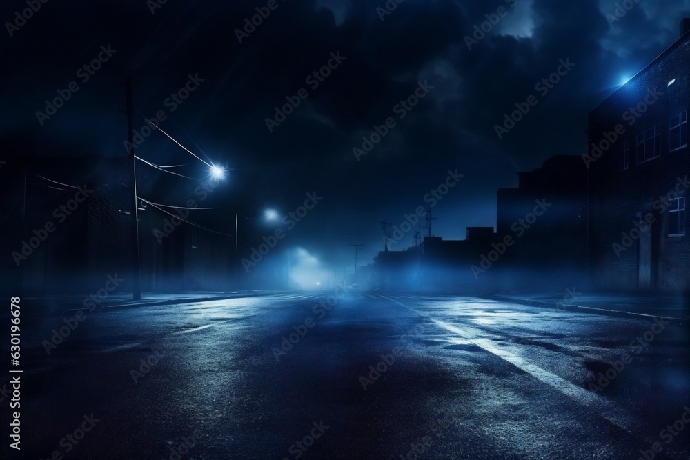 Generative AI : Empty background scene. Dark street reflection on the wet pavement. Rays of neon light in the dark, neon figures, smoke. Night view of the street, the city. Abstract dark background. 3