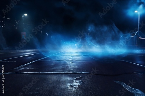 Generative AI : Empty background scene. Dark street reflection on the wet pavement. Rays of neon light in the dark, neon figures, smoke. Night view of the street, the city. Abstract dark background. 3 © Generative AI