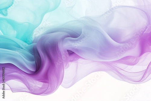 Generative AI : Translucent Pastel Purple and Light Turquoise smoke whiffs and swirls of aromatic colorful incense against white background