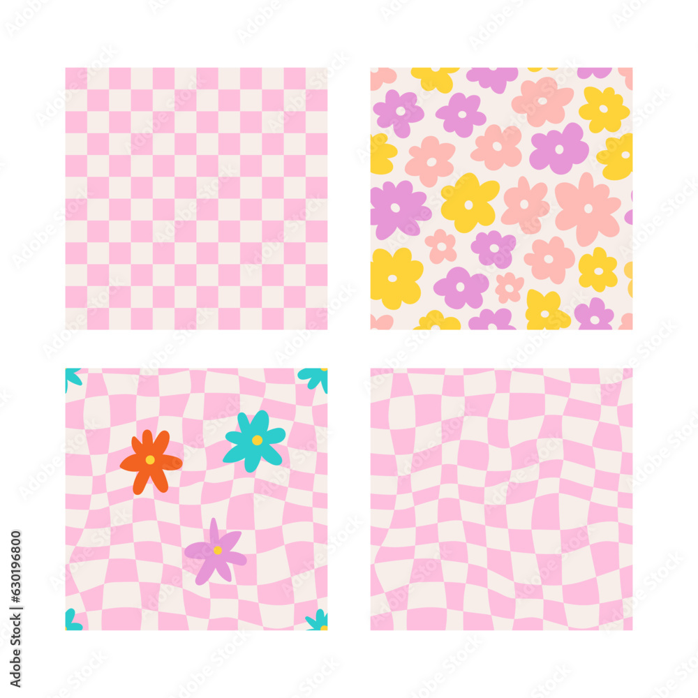 Groovy seamless patterns with daisy, wave, chess.