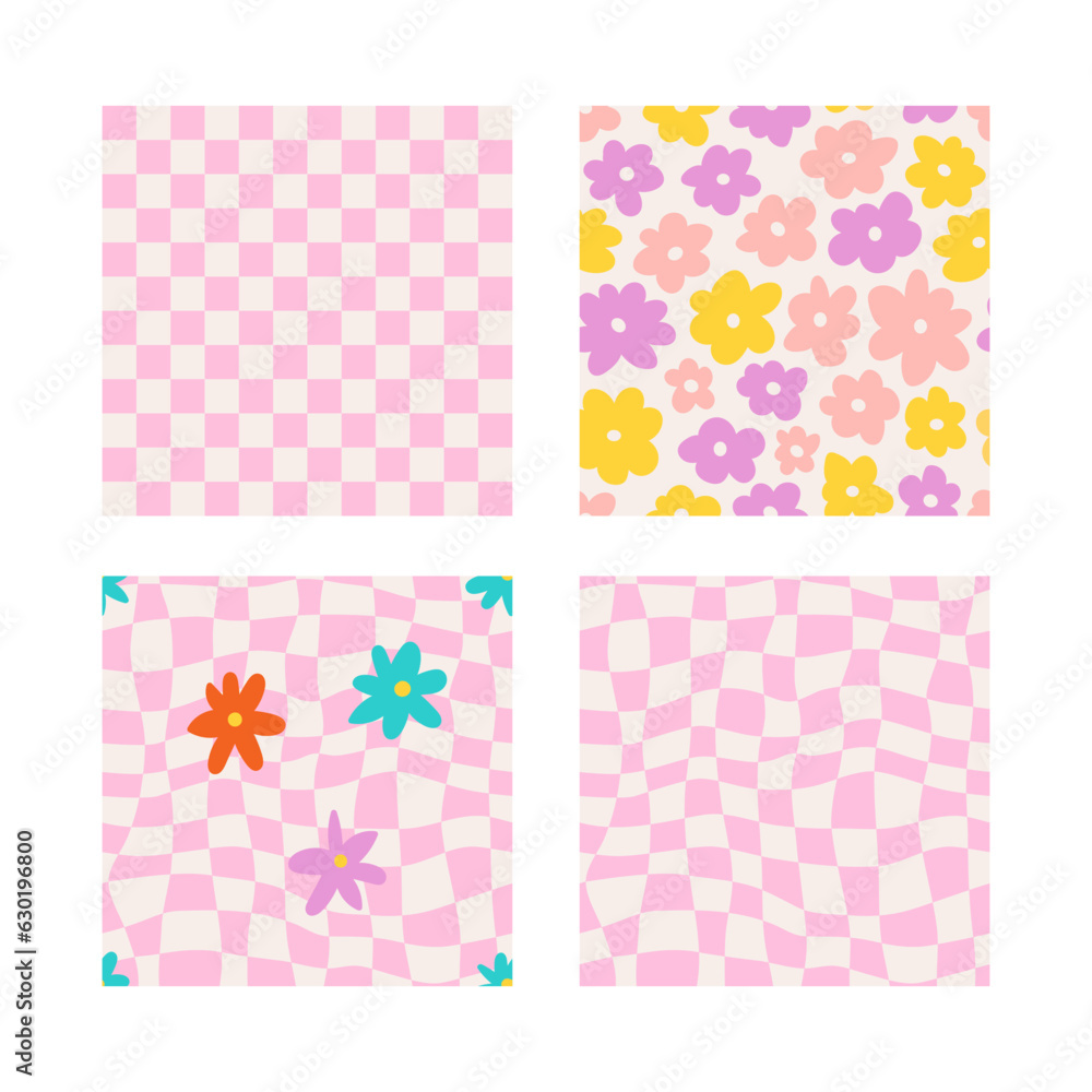 Groovy seamless patterns with daisy, wave, chess. Groovy seamless patterns with daisy, wave, chess.
