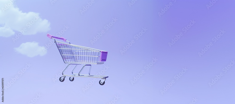 Generative AI, purple shopping cart on purple background, minimalistic shop online, free delivery, discounts and sale concept.