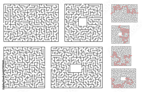 A set of maze games. A set of  Square and rectangular mazes of medium difficulty. The solutions of the labyrinths are marked with a red line.