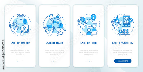 Types of objections blue onboarding mobile app screen. Sales negotiation walkthrough 4 steps editable graphic instructions with linear concepts. UI, UX template. Myriad Pro-Bold, Regular fonts used