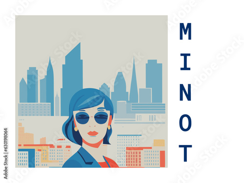 Square flat design tourism poster with a cityscape illustration of Minot (United States)