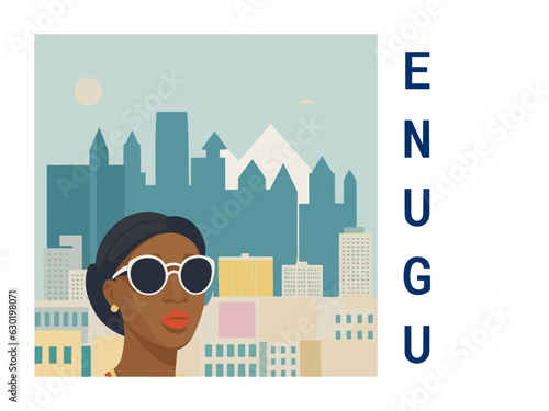 Square flat design tourism poster with a cityscape illustration of Enugu (Nigeria)