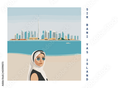 Square flat design tourism poster with a cityscape illustration of Sir Bani Yas Island (United Arab Emirates)
