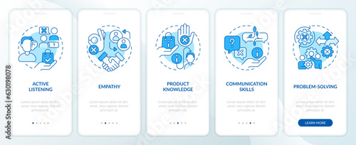 Salesperson essential skills blue onboarding mobile app screen. Sales rep walkthrough 5 steps editable graphic instructions with linear concepts. UI, UX template. Myriad Pro-Bold, Regular fonts used
