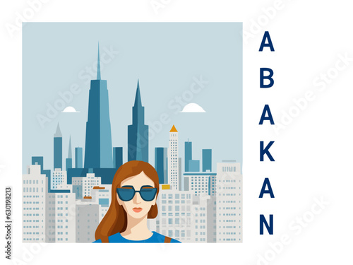 Square flat design tourism poster with a cityscape illustration of Abakan (Russia)