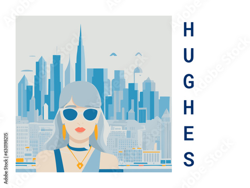 Square flat design tourism poster with a cityscape illustration of Hughes (United States)