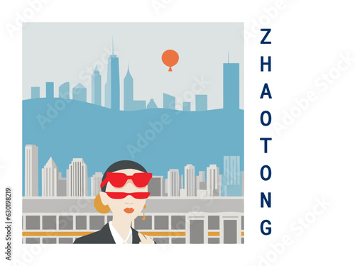 Square flat design tourism poster with a cityscape illustration of Zhaotong (China)