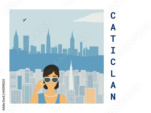Square flat design tourism poster with a cityscape illustration of Caticlan (Philippines) photo