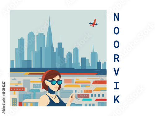 Square flat design tourism poster with a cityscape illustration of Noorvik (United States)