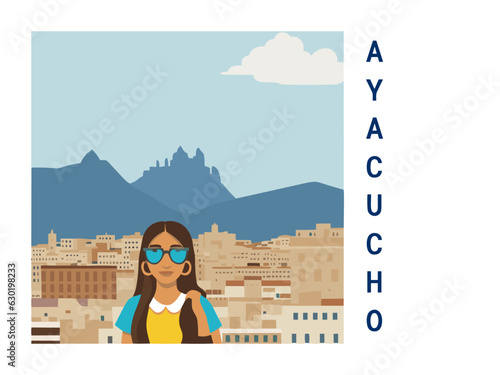 Square flat design tourism poster with a cityscape illustration of Ayacucho (Peru)