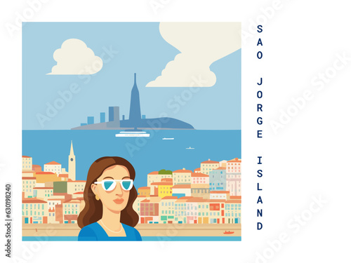 Square flat design tourism poster with a cityscape illustration of Sao Jorge Island (Portugal)