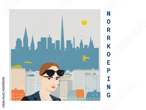 Square flat design tourism poster with a cityscape illustration of Norrkoeping (Sweden)