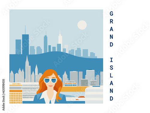 Square flat design tourism poster with a cityscape illustration of Grand Island (United States)
