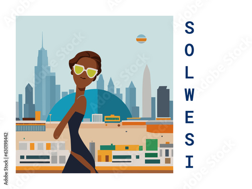 Square flat design tourism poster with a cityscape illustration of Solwesi (Zambia)