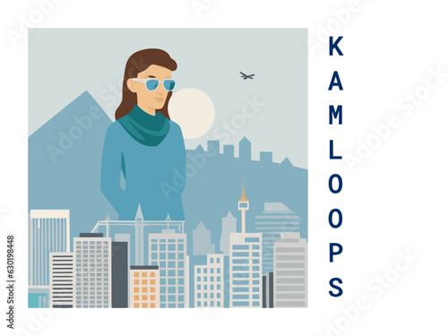 Square flat design tourism poster with a cityscape illustration of Kamloops (Canada)