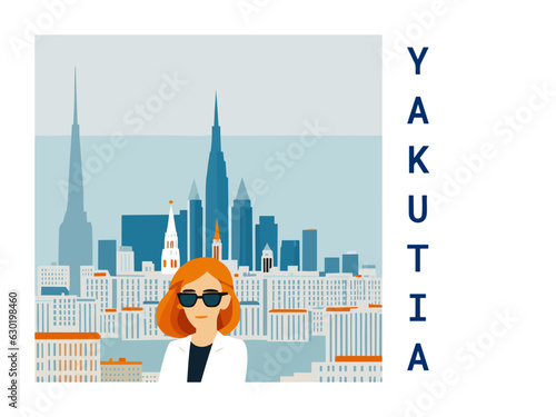 Square flat design tourism poster with a cityscape illustration of Yakutia (Russia)