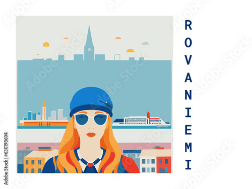 Square flat design tourism poster with a cityscape illustration of Rovaniemi (Finland)
