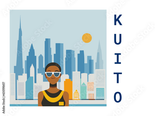 Square flat design tourism poster with a cityscape illustration of Kuito (Angola) photo