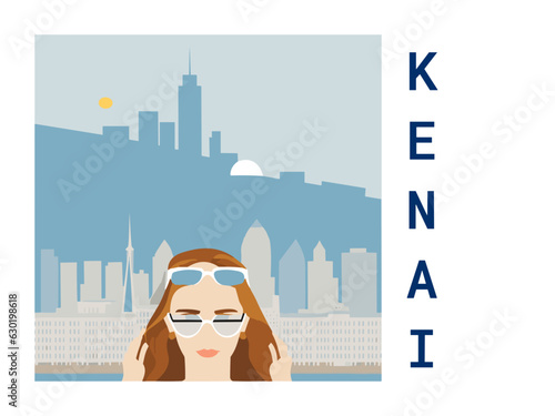 Square flat design tourism poster with a cityscape illustration of Kenai (United States)