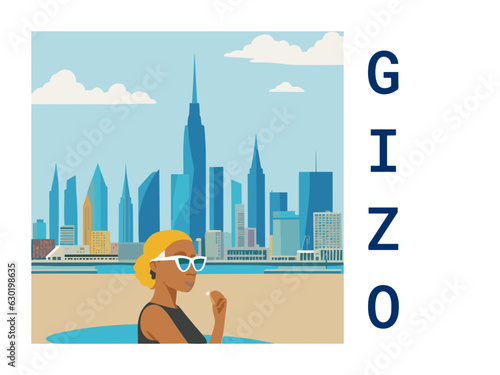 Square flat design tourism poster with a cityscape illustration of Gizo (Solomon Islands)