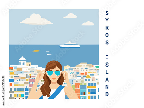 Square flat design tourism poster with a cityscape illustration of Syros Island (Greece)