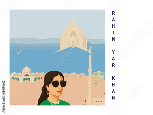 Square flat design tourism poster with a cityscape illustration of Rahim Yar Khan (Pakistan) photo