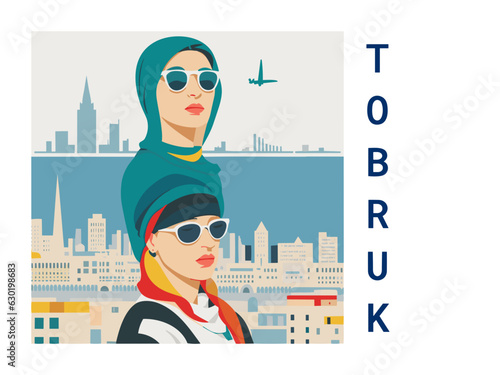 Square flat design tourism poster with a cityscape illustration of Tobruk (Libya)