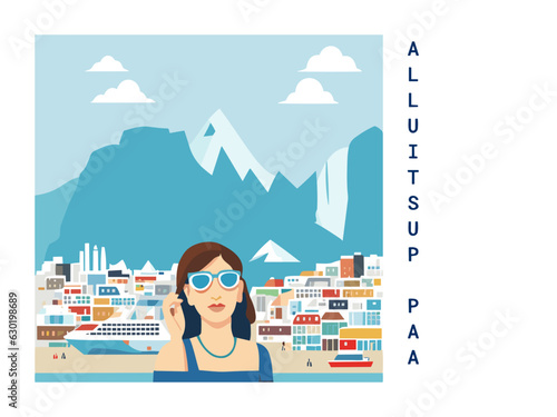 Square flat design tourism poster with a cityscape illustration of Alluitsup Paa (Greenland)