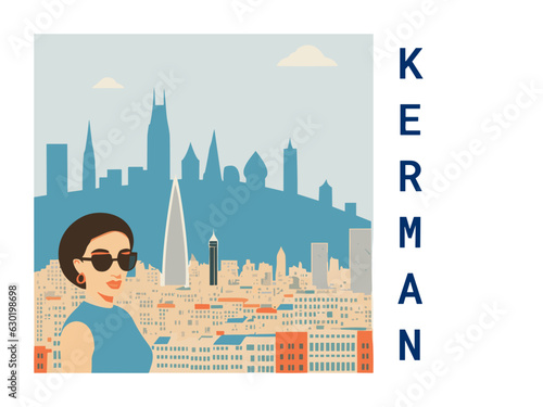 Square flat design tourism poster with a cityscape illustration of Kerman (Iran)
