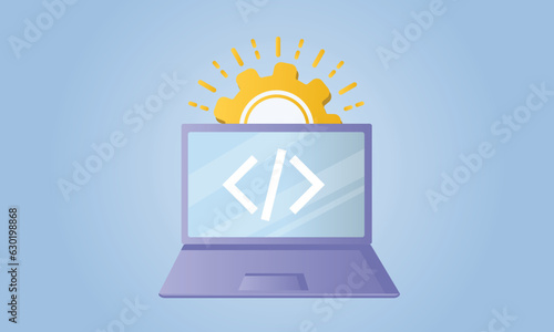 Laptop screen with hypertext symbol and cogwheel behind describing custom coding.on blue background.Vector Design Illustration.