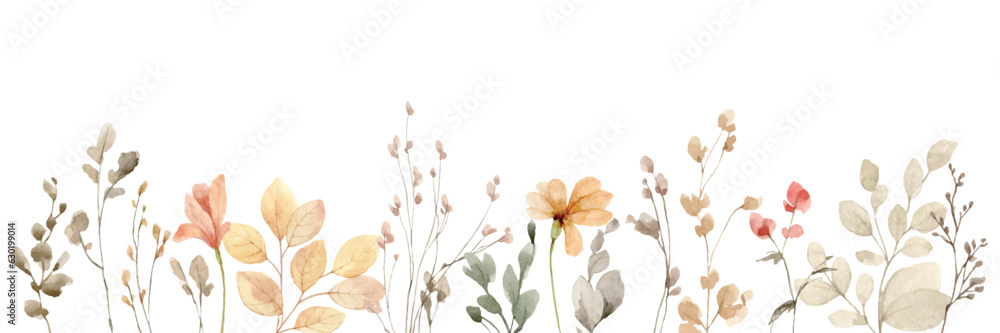 Watercolor vector border of fall twigs and flowers isolated on a white background.