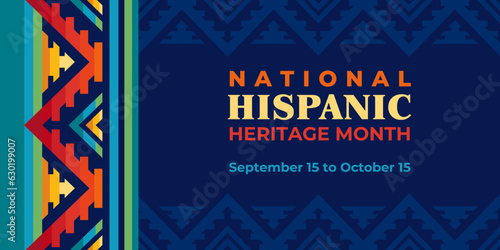 Hispanic heritage month illustration. Vector web banner, poster, card for social media, networks. Greeting with national Hispanic heritage month text, ornament on blue background with yellow color.