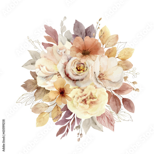 Watercolor vector autumn bouquet with soft light blush roses and leaves.